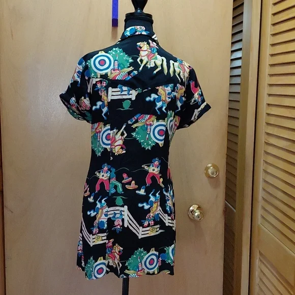 Womens Black Collared Mini Dress Button-Front Top with Colorful Print VINTAGE - Picture 4 of 5
